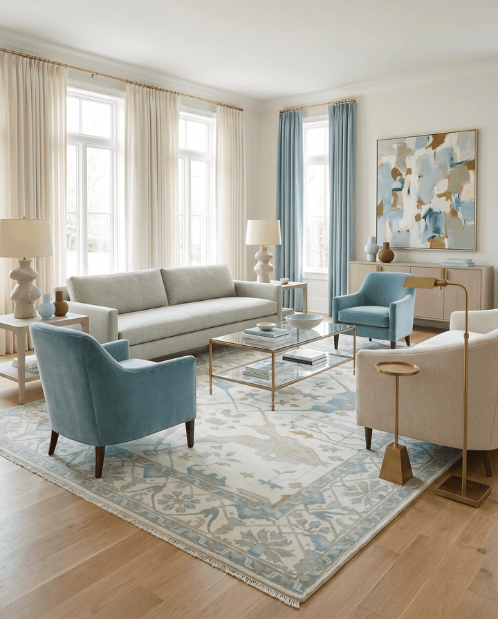 Custom Made Hand Knotted Oriental Oushak Ivory, Teal and Beige Wool Area Rug - The Rug Decor
