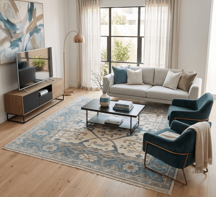 Custom Made Hand Knotted Oriental Oushak Ivory, Teal and Beige Wool Area Rug - The Rug Decor