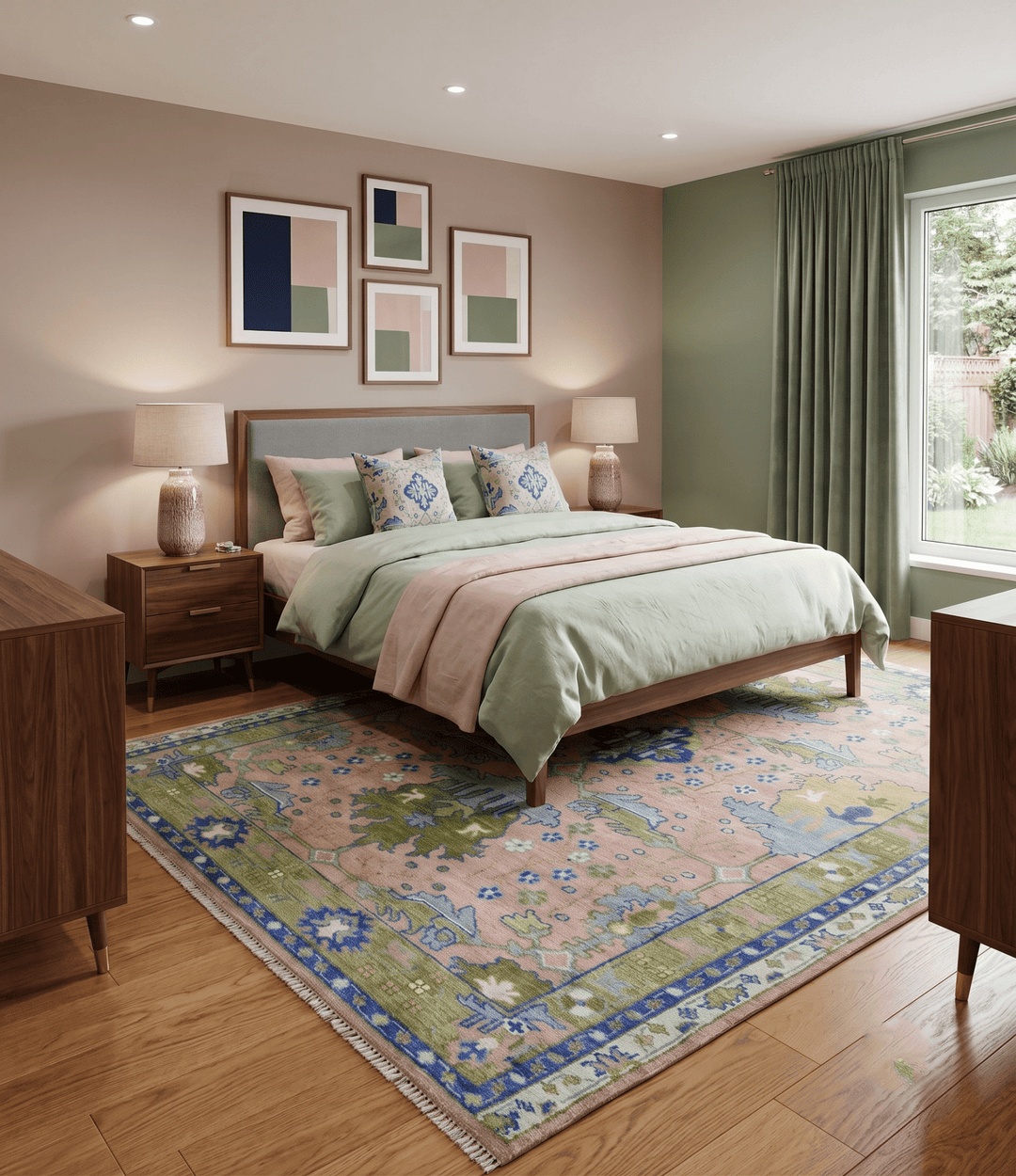 Custom Made Hand knotted Peach, Green and Blue Antique Design Area Rug - The Rug Decor