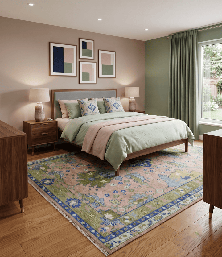 Custom Made Hand knotted Peach, Green and Blue Antique Design Area Rug - The Rug Decor