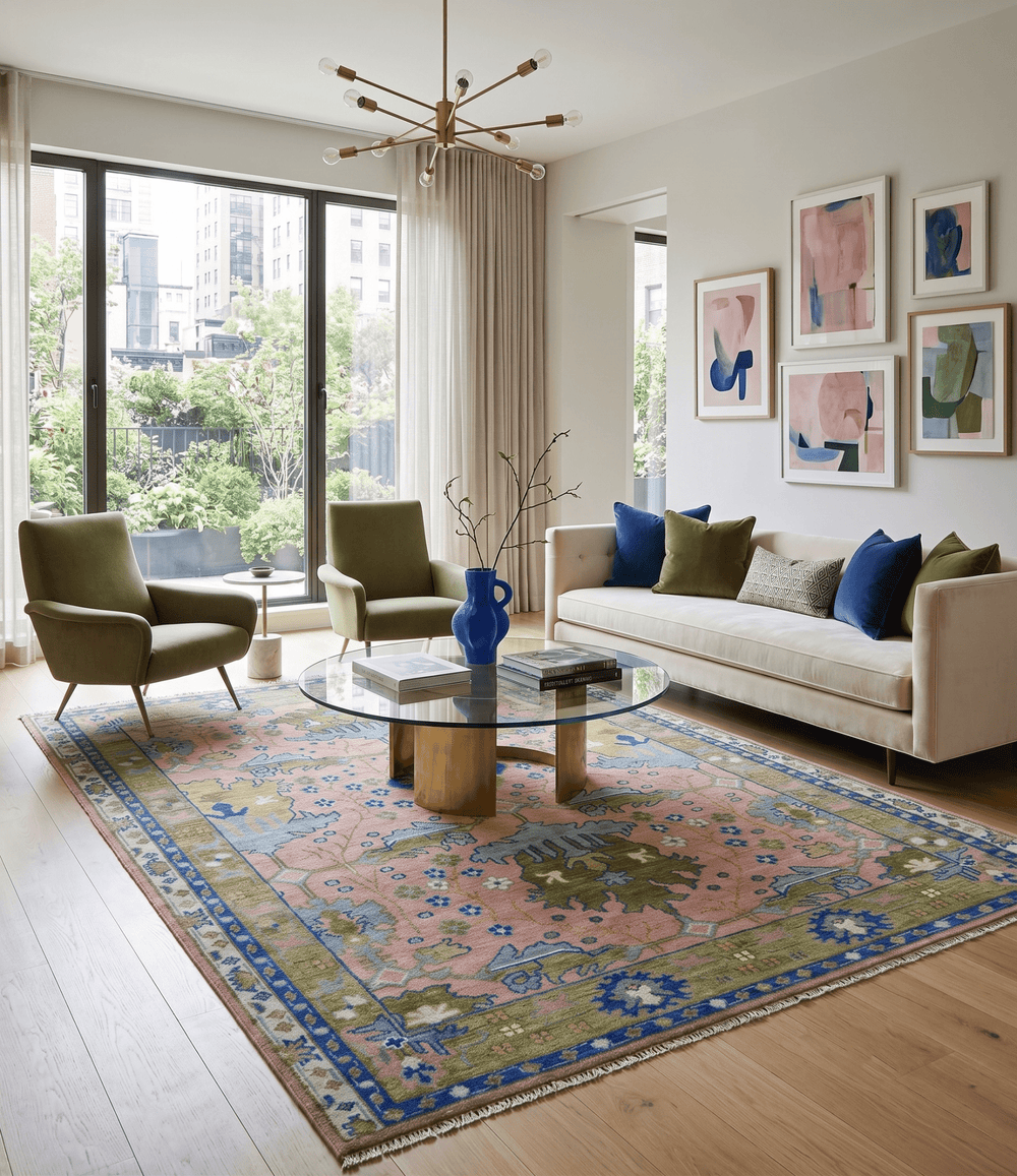 Custom Made Hand knotted Peach, Green and Blue Antique Design Area Rug - The Rug Decor