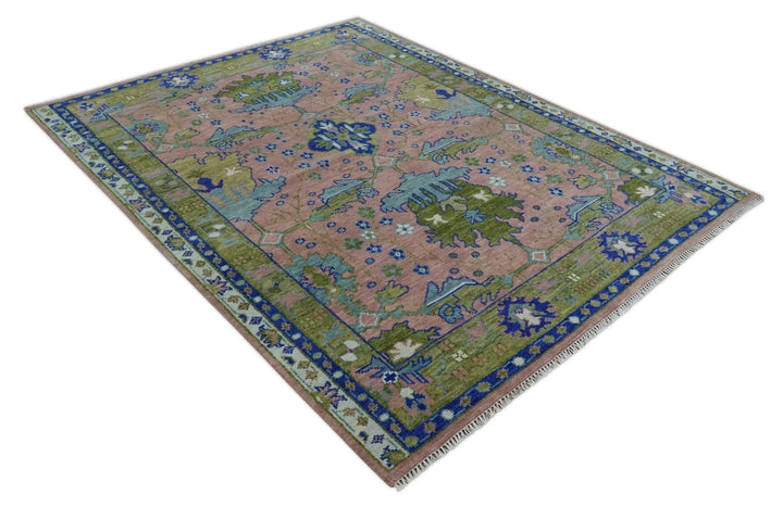 Custom Made Hand knotted Peach, Green and Blue Antique Design Area Rug - The Rug Decor