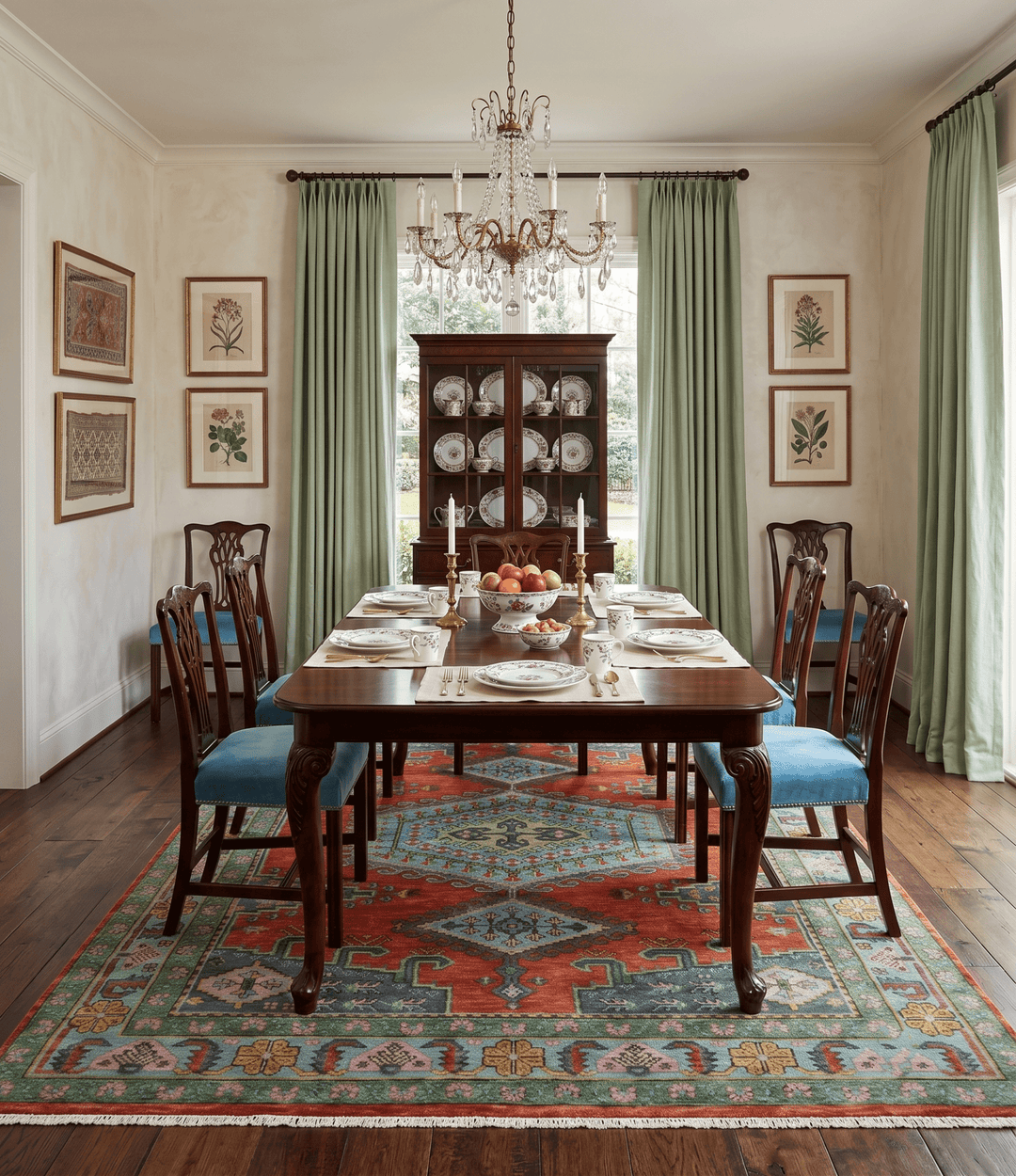 Custom Made Hand Knotted Red, Blue and Olive Traditional Antique Style Wool Rug - The Rug Decor