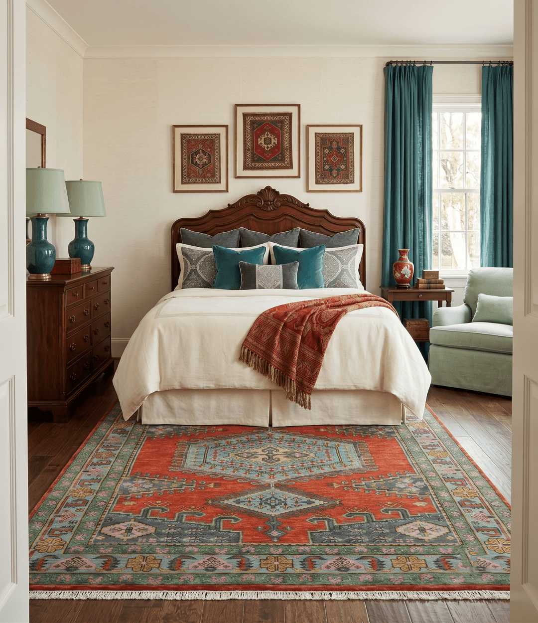 Custom Made Hand Knotted Red, Blue and Olive Traditional Antique Style Wool Rug - The Rug Decor