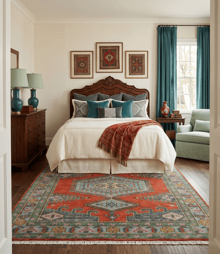 Custom Made Hand Knotted Red, Blue and Olive Traditional Antique Style Wool Rug - The Rug Decor