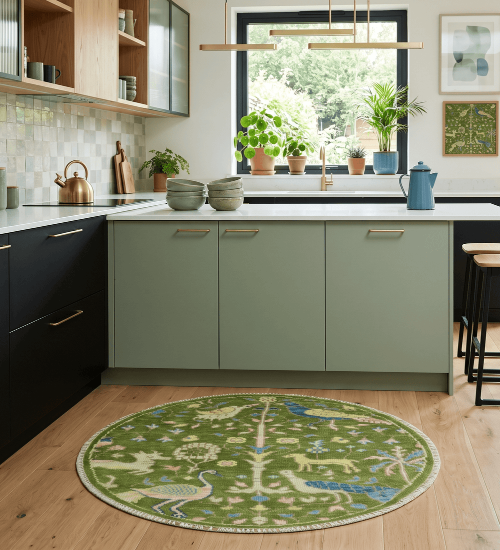 Custom Made Hand Knotted Round Peacock Green Wool Rug - The Rug Decor
