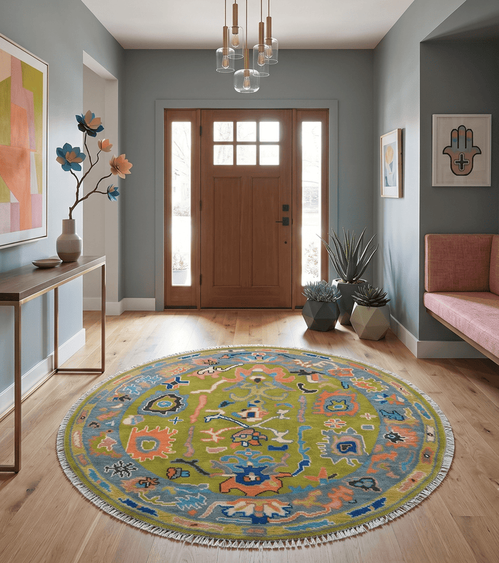 Custom Made Hand Knotted Round Traditional Oushak Green And Gray Wool Rug - The Rug Decor
