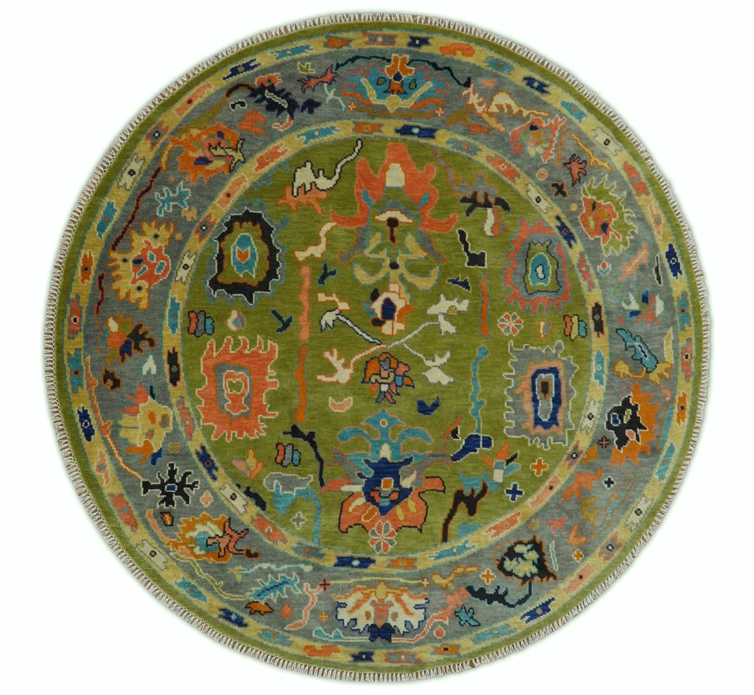 Custom Made Hand Knotted Round Traditional Oushak Green And Gray Wool Rug - The Rug Decor