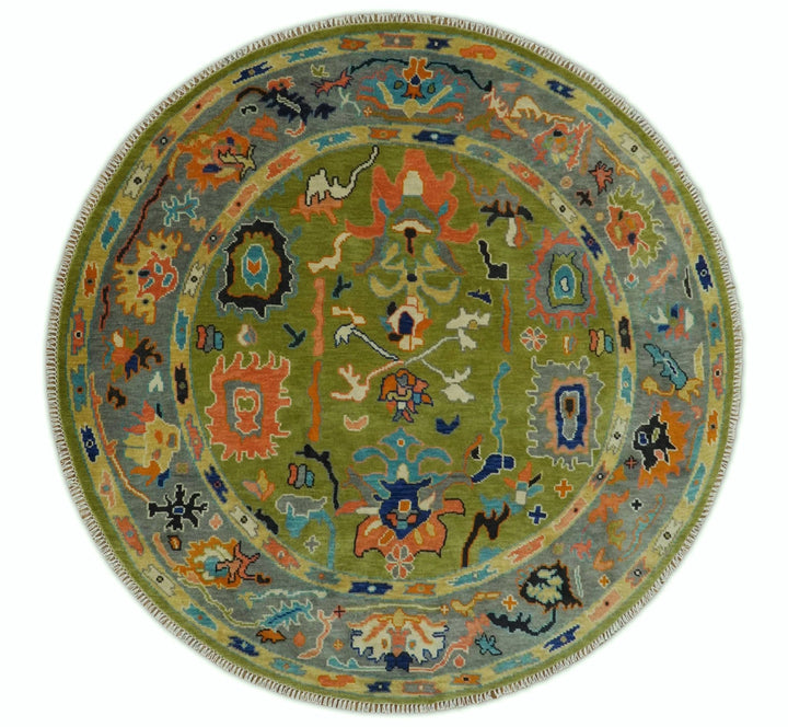 Custom Made Hand Knotted Round Traditional Oushak Green And Gray Wool Rug - The Rug Decor