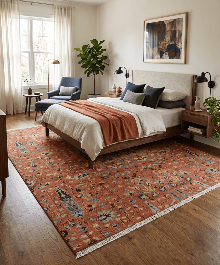 custom Made Hand Knotted Rust and Beige Traditional Turkish Knot Oushak Wool Rug - The Rug Decor