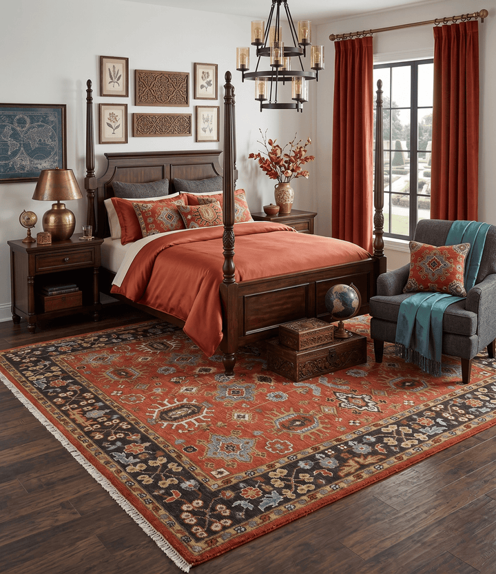 Custom Made Hand Knotted Rust and Black Traditional Wool Rug - The Rug Decor