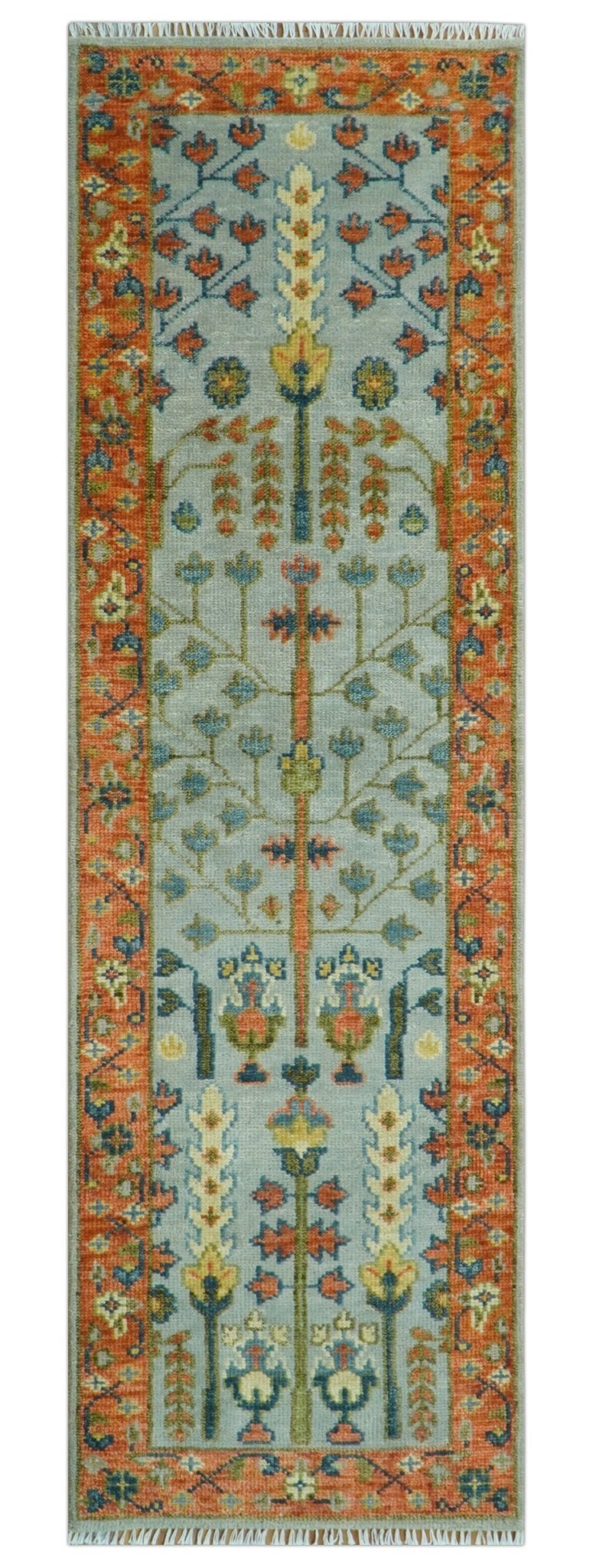 Custom Made Hand Knotted Rust And Silver Tree of life Runner Wool Rug - The Rug Decor