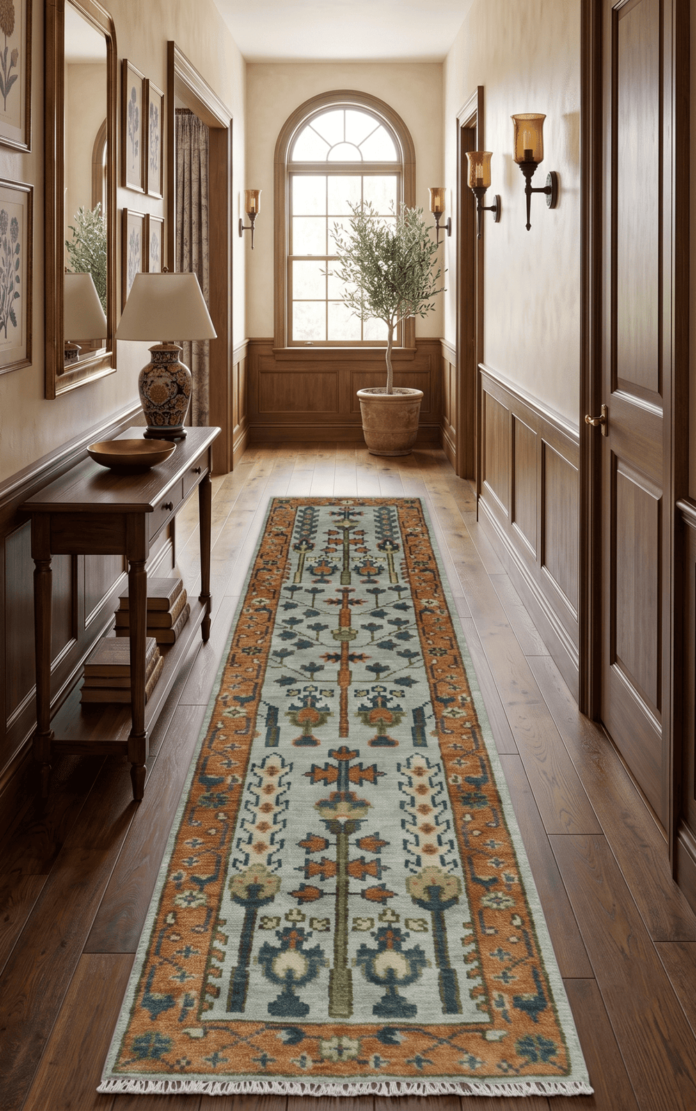 Custom Made Hand Knotted Rust And Silver Tree of life Runner Wool Rug - The Rug Decor