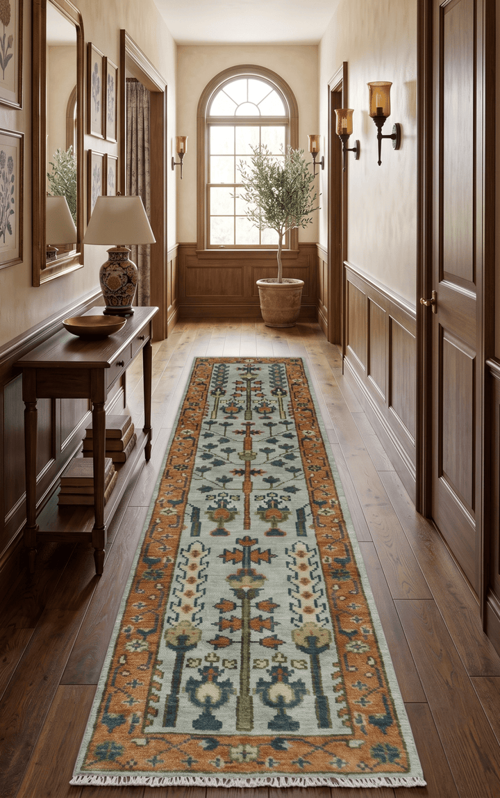 Custom Made Hand Knotted Rust And Silver Tree of life Runner Wool Rug - The Rug Decor