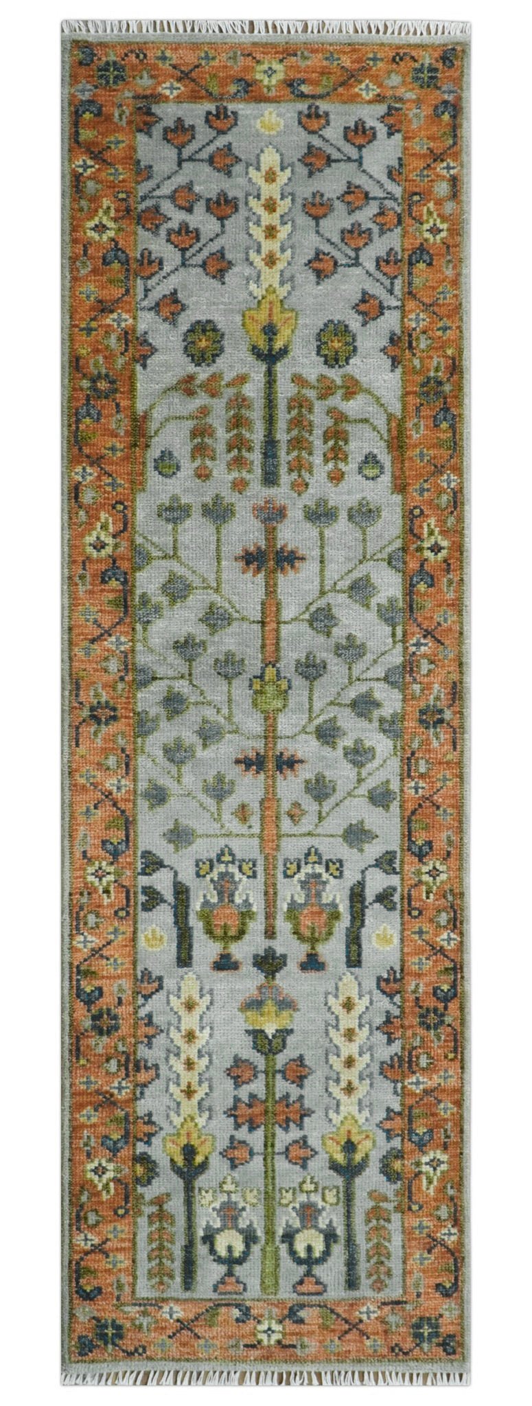 Custom Made Hand Knotted Rust And Silver Tree of life Runner Wool Rug - The Rug Decor
