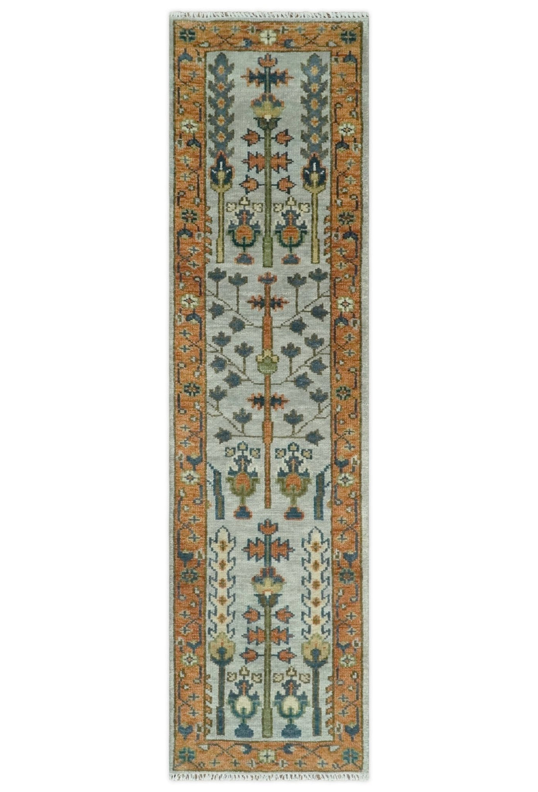 Custom Made Hand Knotted Rust And Silver Tree of life Runner Wool Rug - The Rug Decor