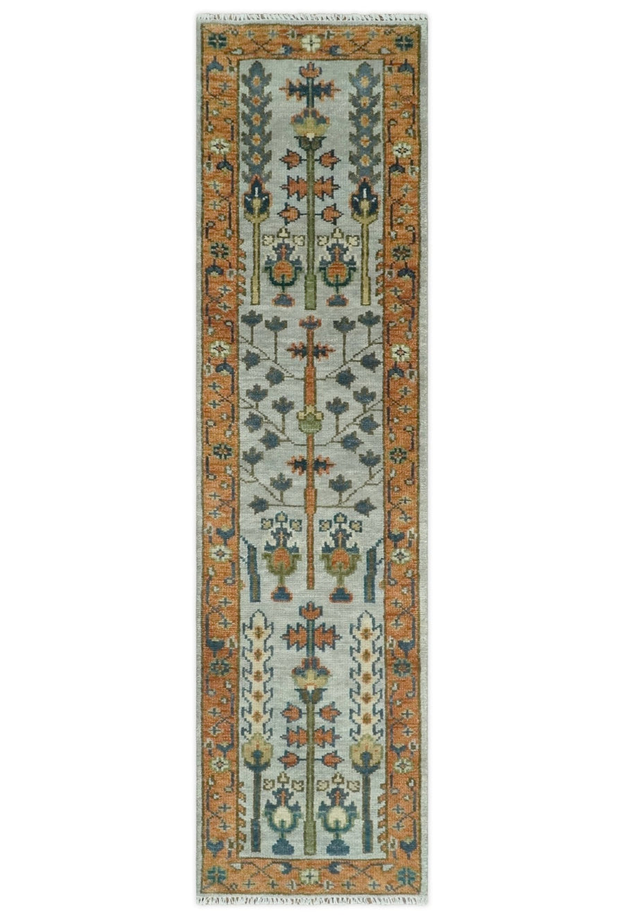 Custom Made Hand Knotted Rust And Silver Tree of life Runner Wool Rug - The Rug Decor