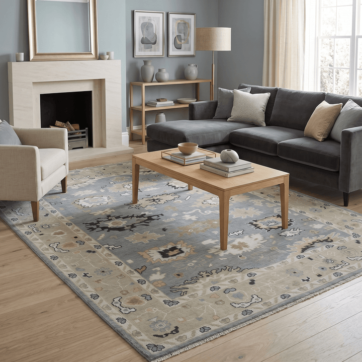 Custom Made Hand Knotted Silver and Beige Traditional Oushak Wool Area Rug - The Rug Decor