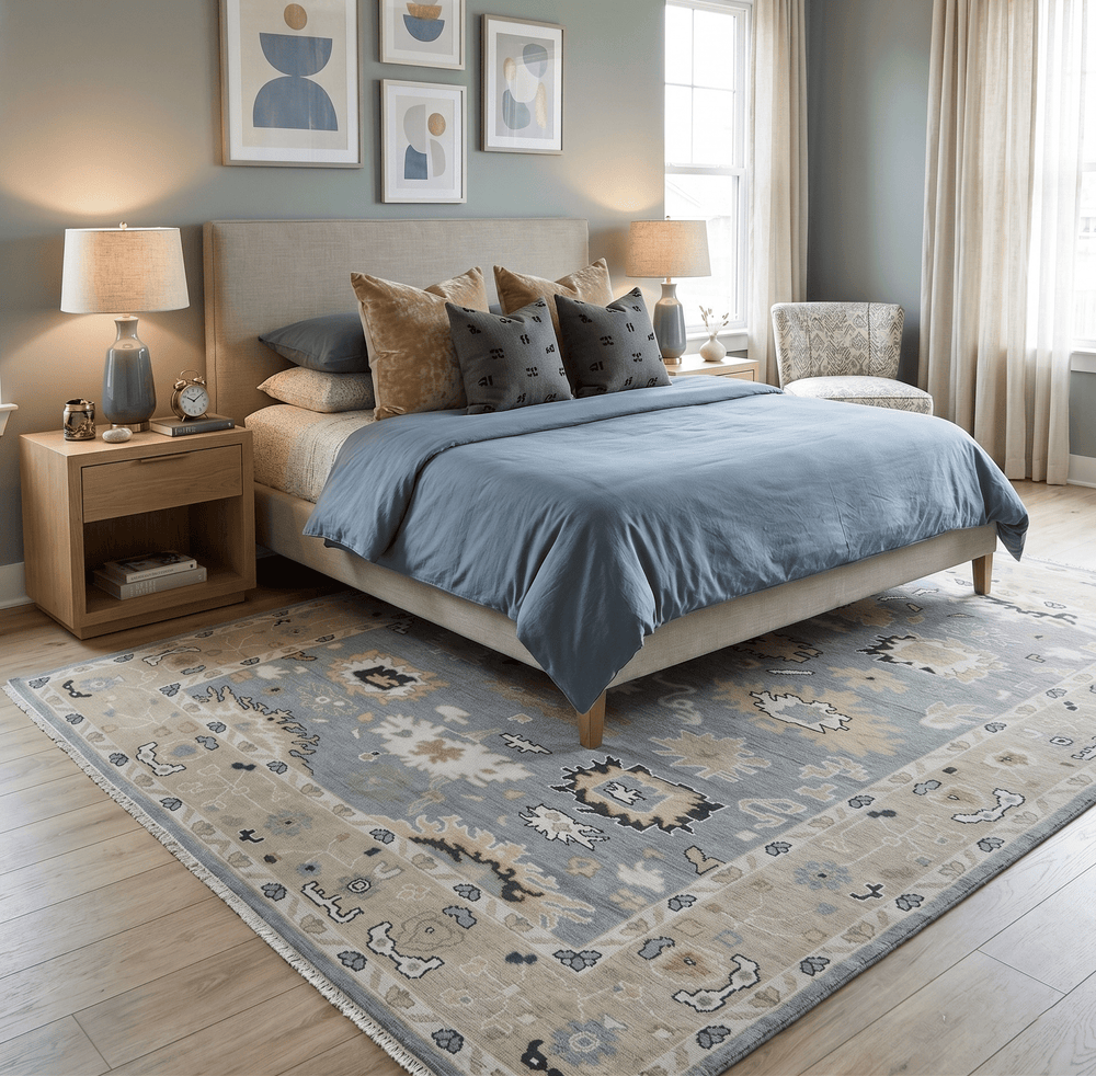 Custom Made Hand Knotted Silver and Beige Traditional Oushak Wool Area Rug - The Rug Decor