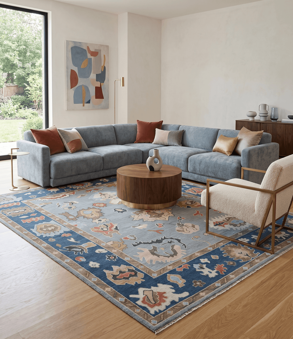 Custom Made Hand Knotted Silver and Blue Colorful Traditional Oushak Wool Area Rug - The Rug Decor