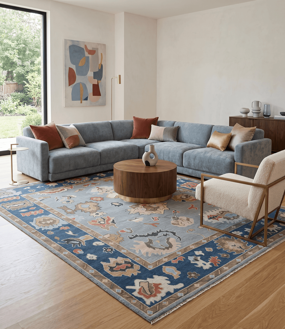 Custom Made Hand Knotted Silver and Blue Colorful Traditional Oushak Wool Area Rug - The Rug Decor