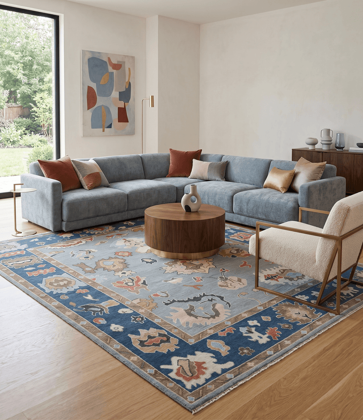 Custom Made Hand Knotted Silver and Blue Colorful Traditional Oushak Wool Area Rug - The Rug Decor