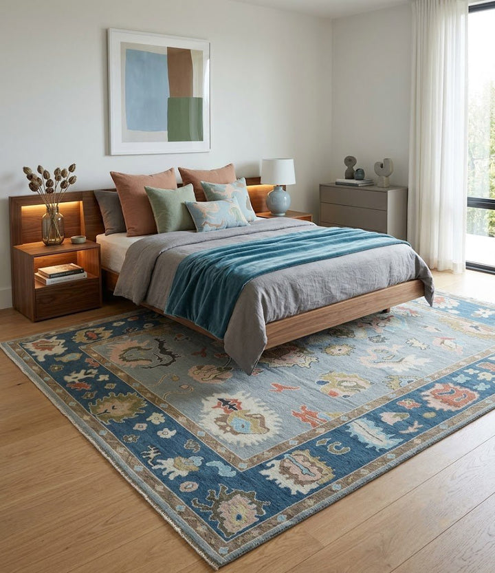 Custom Made Hand Knotted Silver and Blue Colorful Traditional Oushak Wool Area Rug - The Rug Decor
