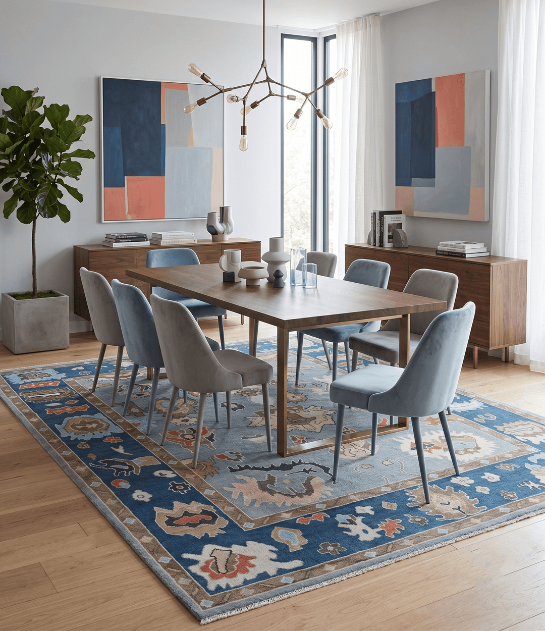 Custom Made Hand Knotted Silver and Blue Colorful Traditional Oushak Wool Area Rug - The Rug Decor