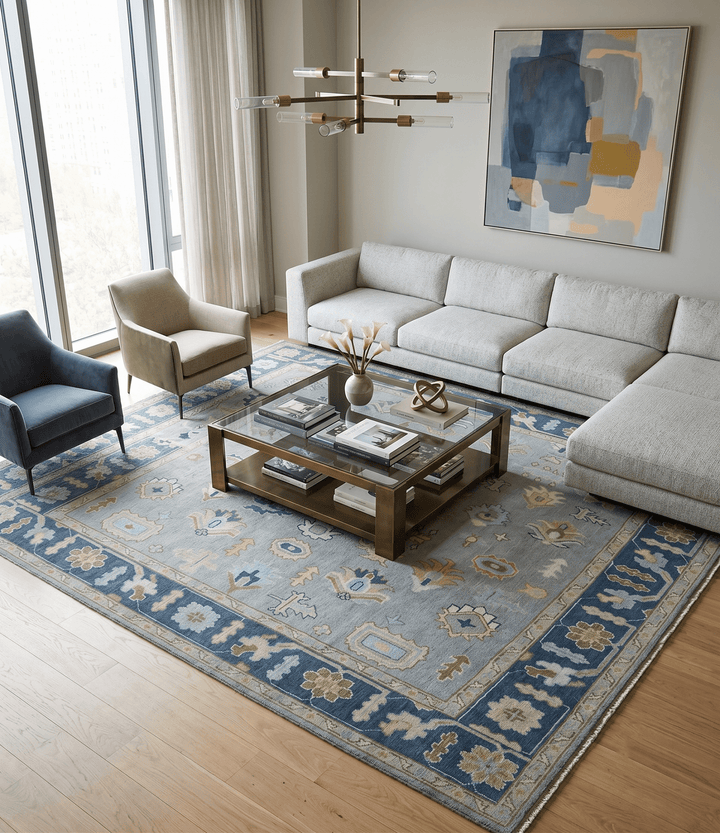 Custom Made Hand knotted Silver and Blue Traditional Oushak wool Area Rug - The Rug Decor