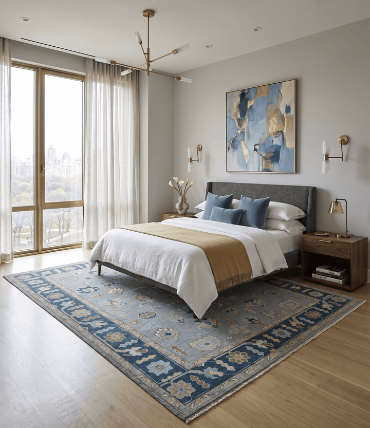 Custom Made Hand knotted Silver and Blue Traditional Oushak wool Area Rug - The Rug Decor