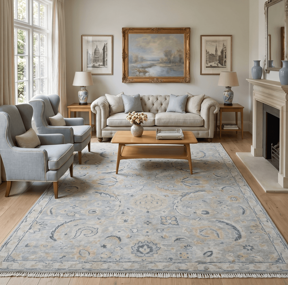 Custom Made Hand Knotted Silver and Blue Traditional Oushak Wool Rug - The Rug Decor