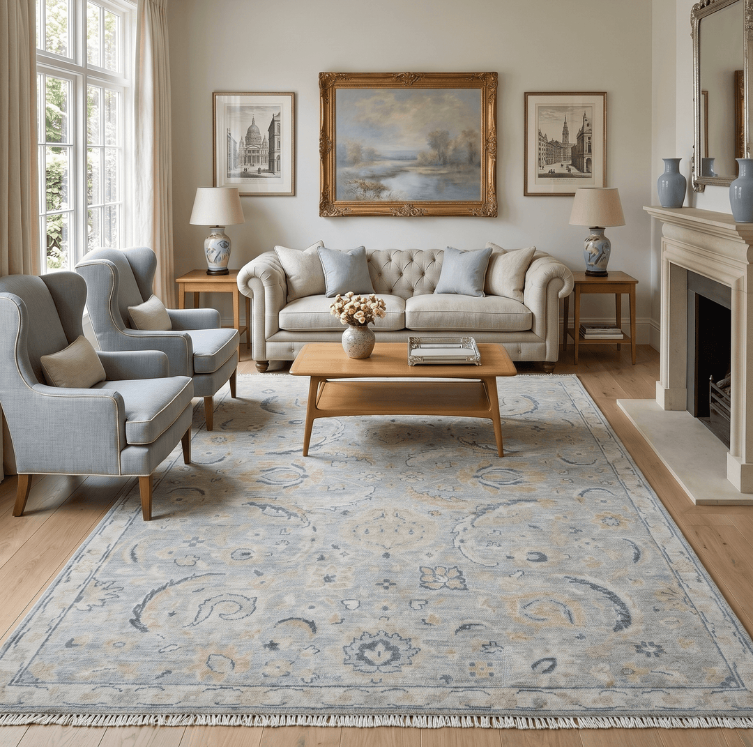 Custom Made Hand Knotted Silver and Blue Traditional Oushak Wool Rug - The Rug Decor