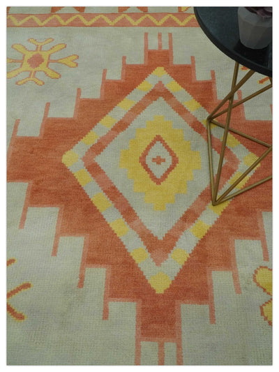 Custom Made Hand Knotted Silver, Peach and Mustard Southwestern wool area rug - The Rug Decor