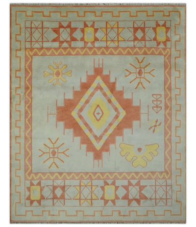 Custom Made Hand Knotted Silver, Peach and Mustard Southwestern wool area rug - The Rug Decor