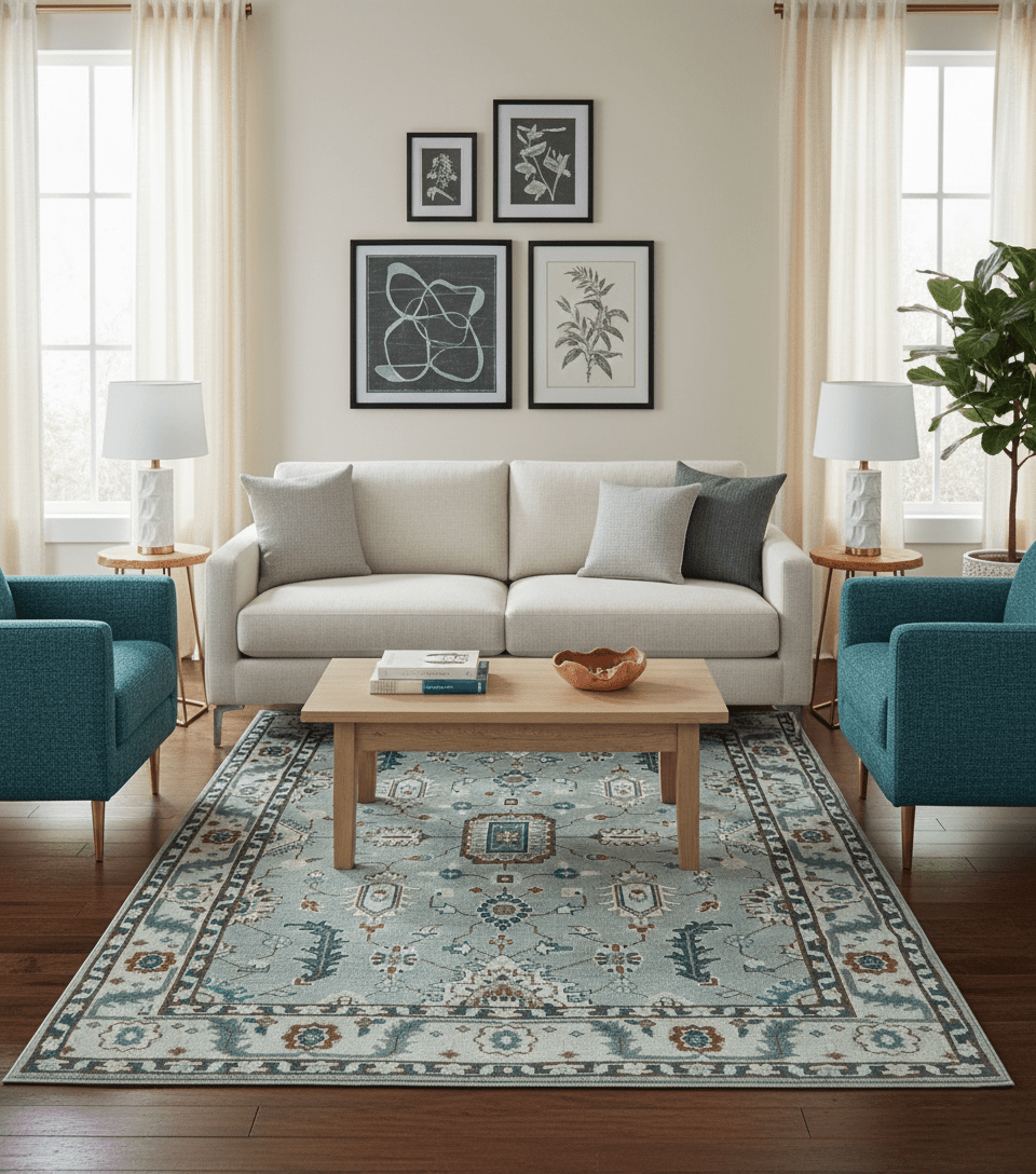 Custom Made Hand Knotted Silver, Teal, Ivory and Brown Traditional Oriental Oushak wool area Rug - The Rug Decor