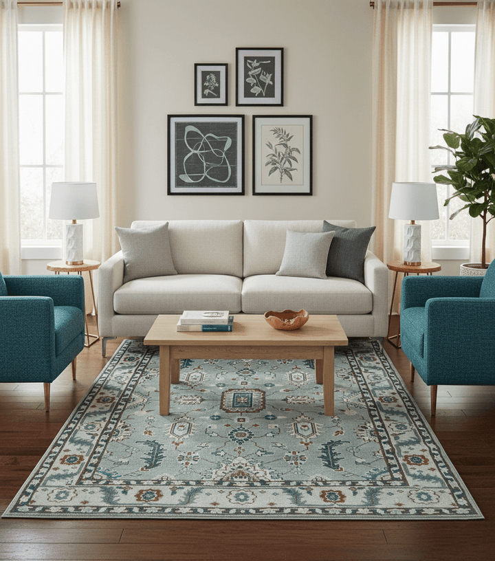 Custom Made Hand Knotted Silver, Teal, Ivory and Brown Traditional Oriental Oushak wool area Rug - The Rug Decor