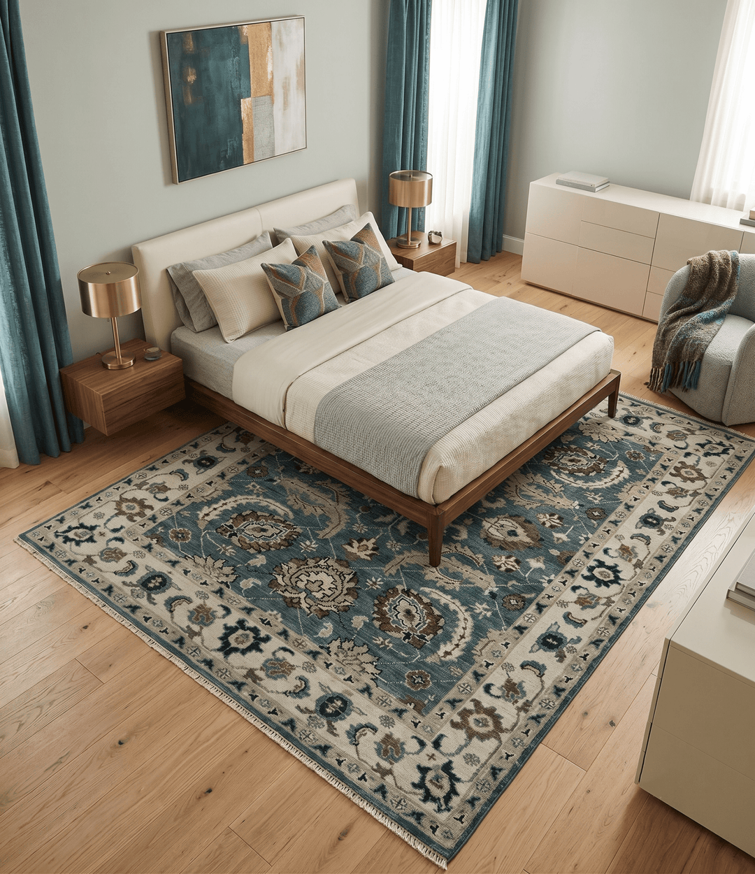Custom Made Hand Knotted Teal and Ivory Traditional Antique Style Wool Area Rug - The Rug Decor