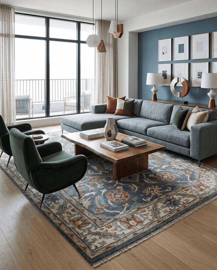 Custom Made Hand Knotted Teal, Blue and Ivory Traditional Oushak Wool Area Rug - The Rug Decor