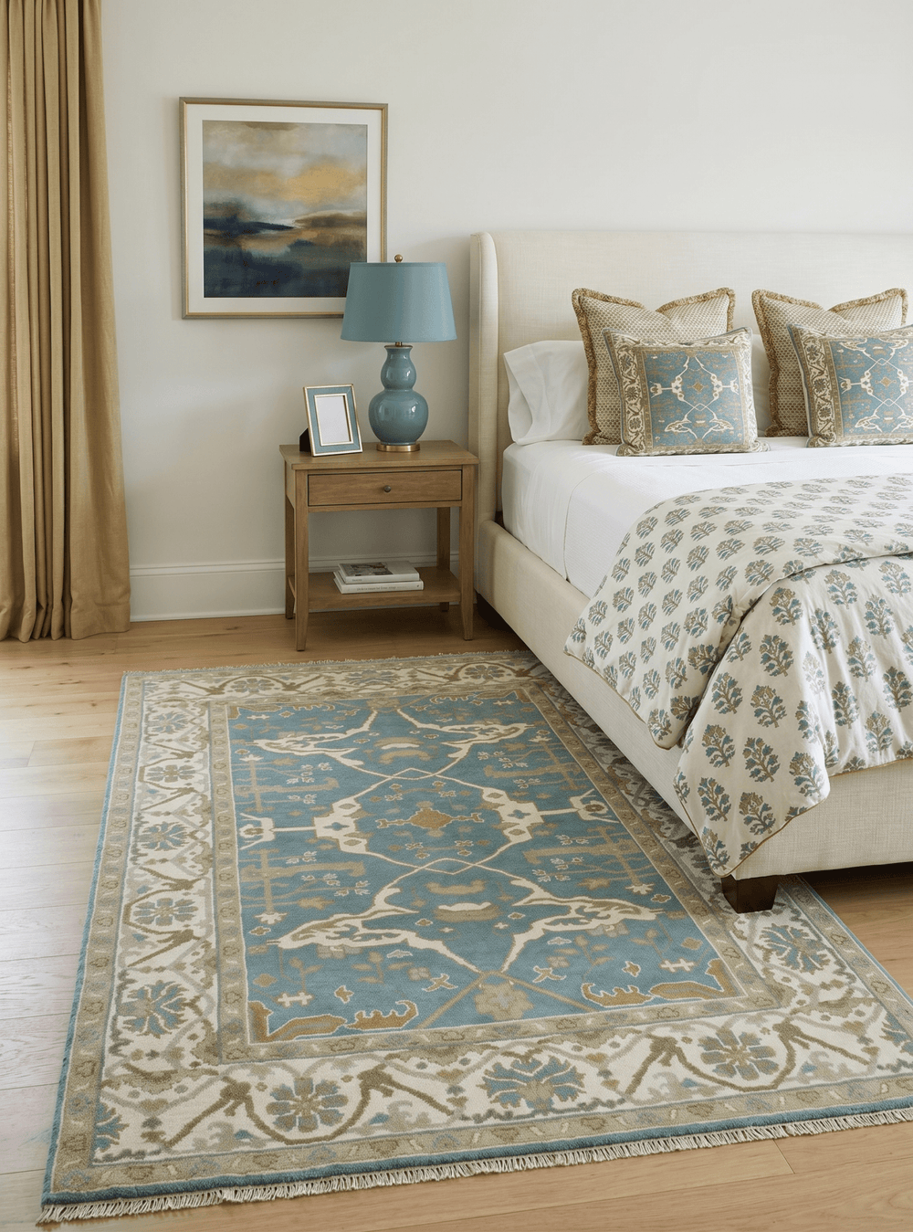 Custom Made Hand Knotted Teal, Ivory and Olive Oriental Oushak wool area rug - The Rug Decor