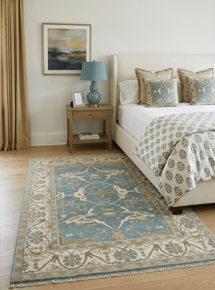 Custom Made Hand Knotted Teal, Ivory and Olive Oriental Oushak wool area rug - The Rug Decor