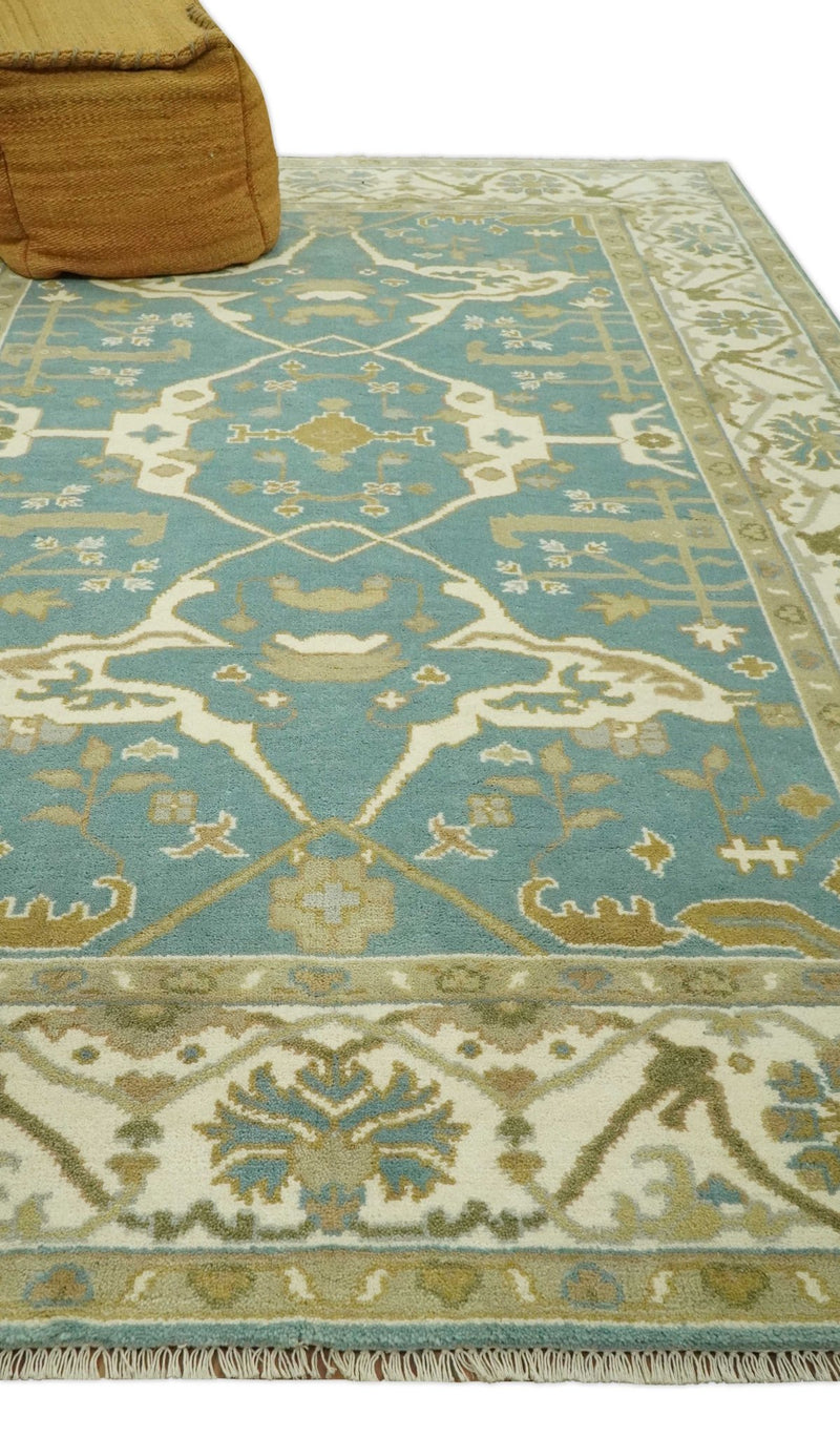 Custom Made Hand Knotted Teal, Ivory and Olive Oriental Oushak wool area rug - The Rug Decor