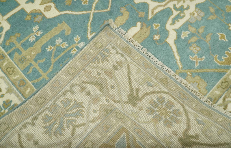 Custom Made Hand Knotted Teal, Ivory and Olive Oriental Oushak wool area rug - The Rug Decor