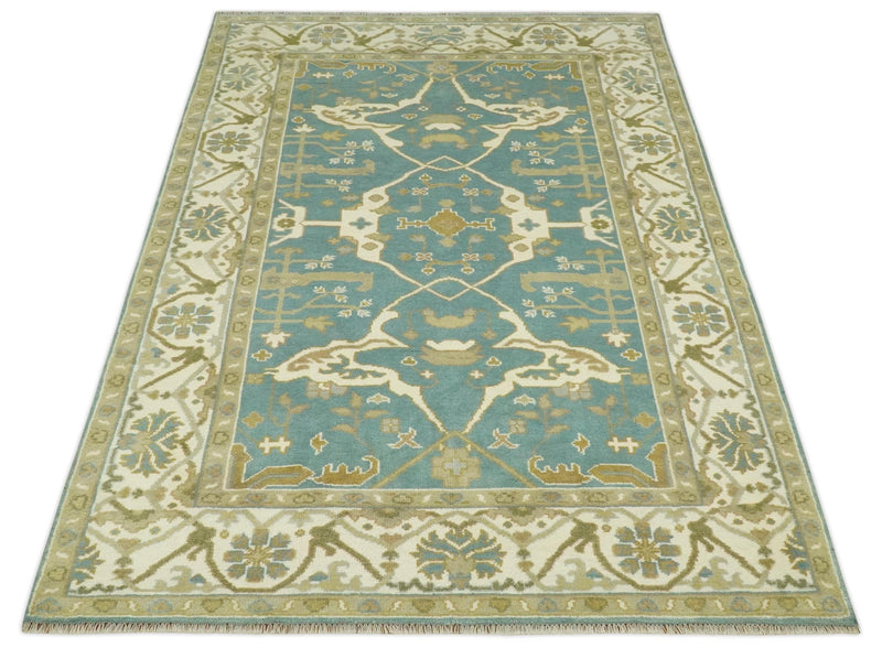 Custom Made Hand Knotted Teal, Ivory and Olive Oriental Oushak wool area rug - The Rug Decor