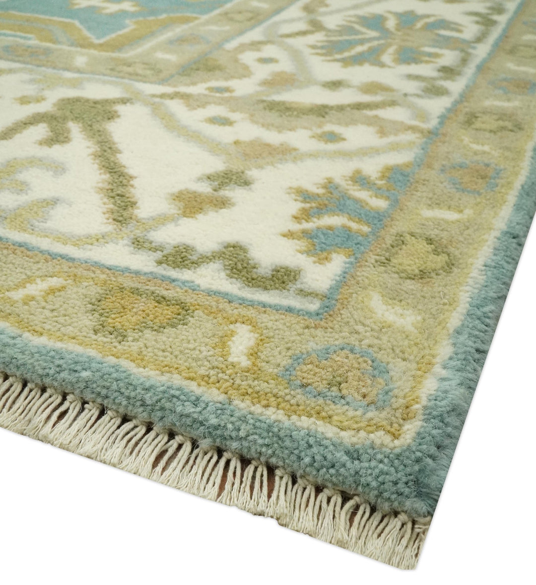Custom Made Hand Knotted Teal, Ivory and Olive Oriental Oushak wool area rug - The Rug Decor