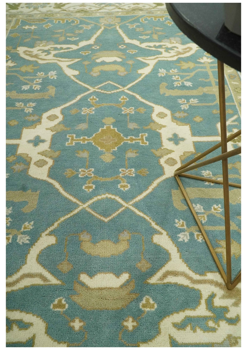 Custom Made Hand Knotted Teal, Ivory and Olive Oriental Oushak wool area rug - The Rug Decor
