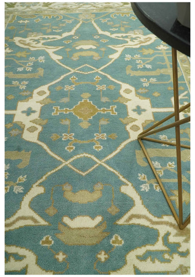 Custom Made Hand Knotted Teal, Ivory and Olive Oriental Oushak wool area rug - The Rug Decor