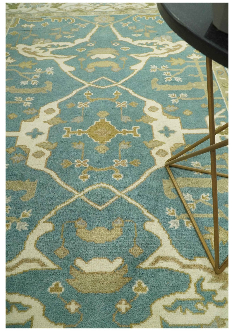 Custom Made Hand Knotted Teal, Ivory and Olive Oriental Oushak wool area rug - The Rug Decor