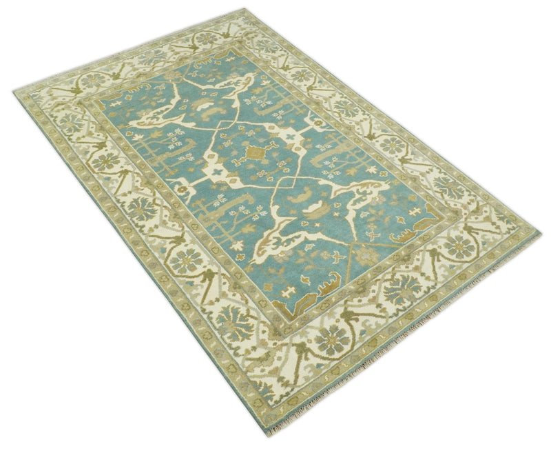 Custom Made Hand Knotted Teal, Ivory and Olive Oriental Oushak wool area rug - The Rug Decor