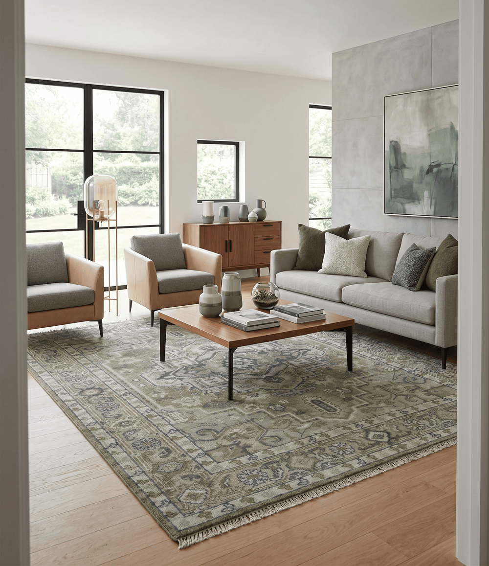 Custom Made Hand Knotted Traditional Green, Silver and Charcoal wool area rug - The Rug Decor