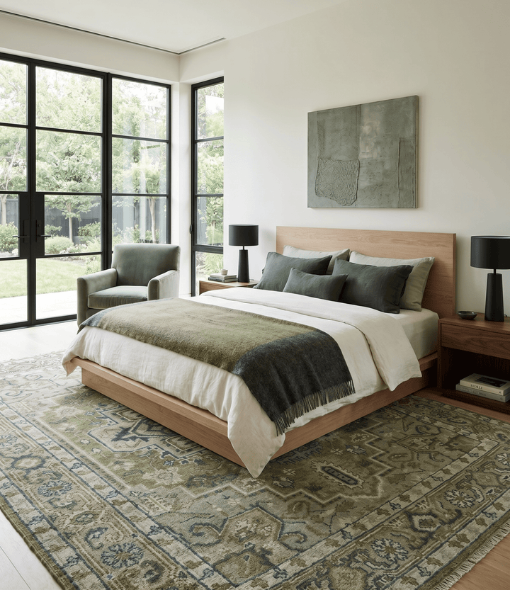 Custom Made Hand Knotted Traditional Green, Silver and Charcoal wool area rug - The Rug Decor